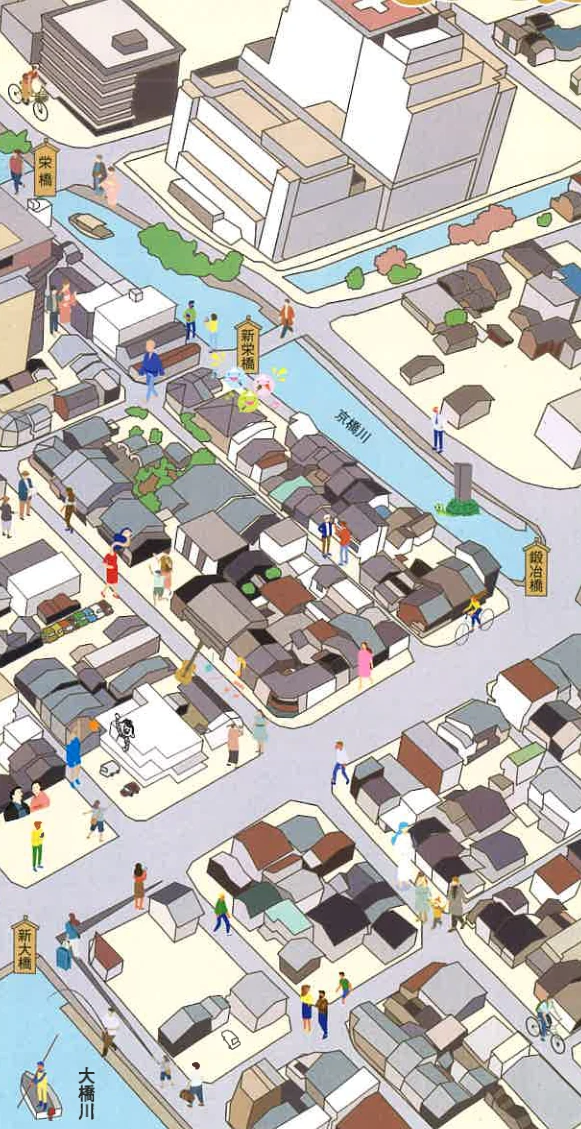 ガイドブックの街並みイラスト。川と橋に沿ってお店が並ぶ、松江・東本町の風景